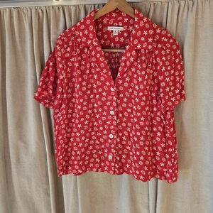Chic Red Floral Button-Down Blouse